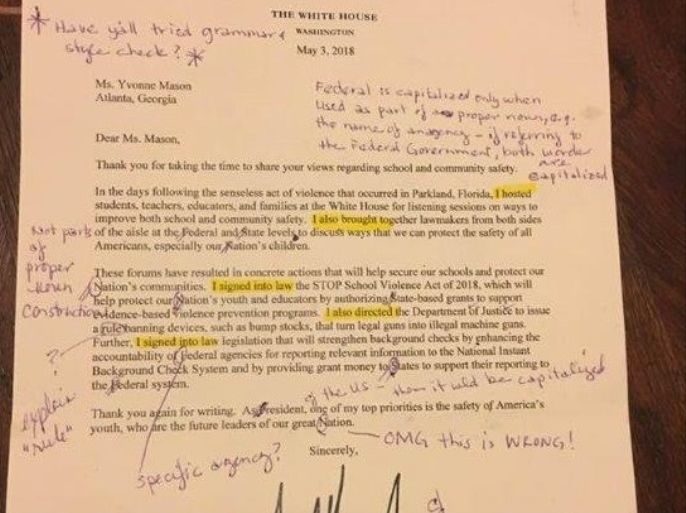 صورة من رسالة البيت الأبيض المصححة من قبل المدرسة الجامعية المتقاعدة المتقاعدة إيفون ميزون نشرتها صحيفة الديلي ميل البريطانية