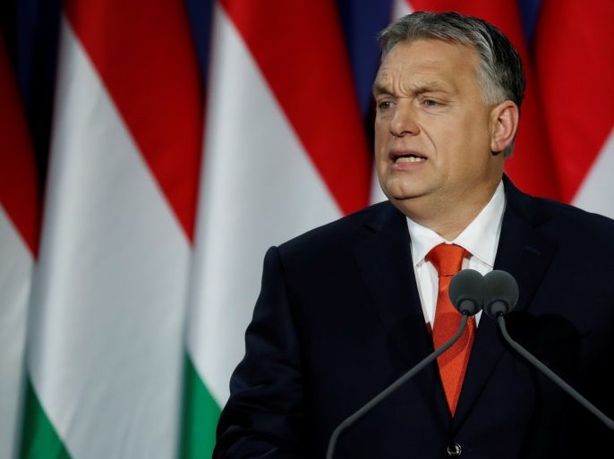 Hungarian Prime Minister Viktor Orban delivers his annual state of the nation speech in Budapest, Hungary, February 18, 2018. Slogan reads