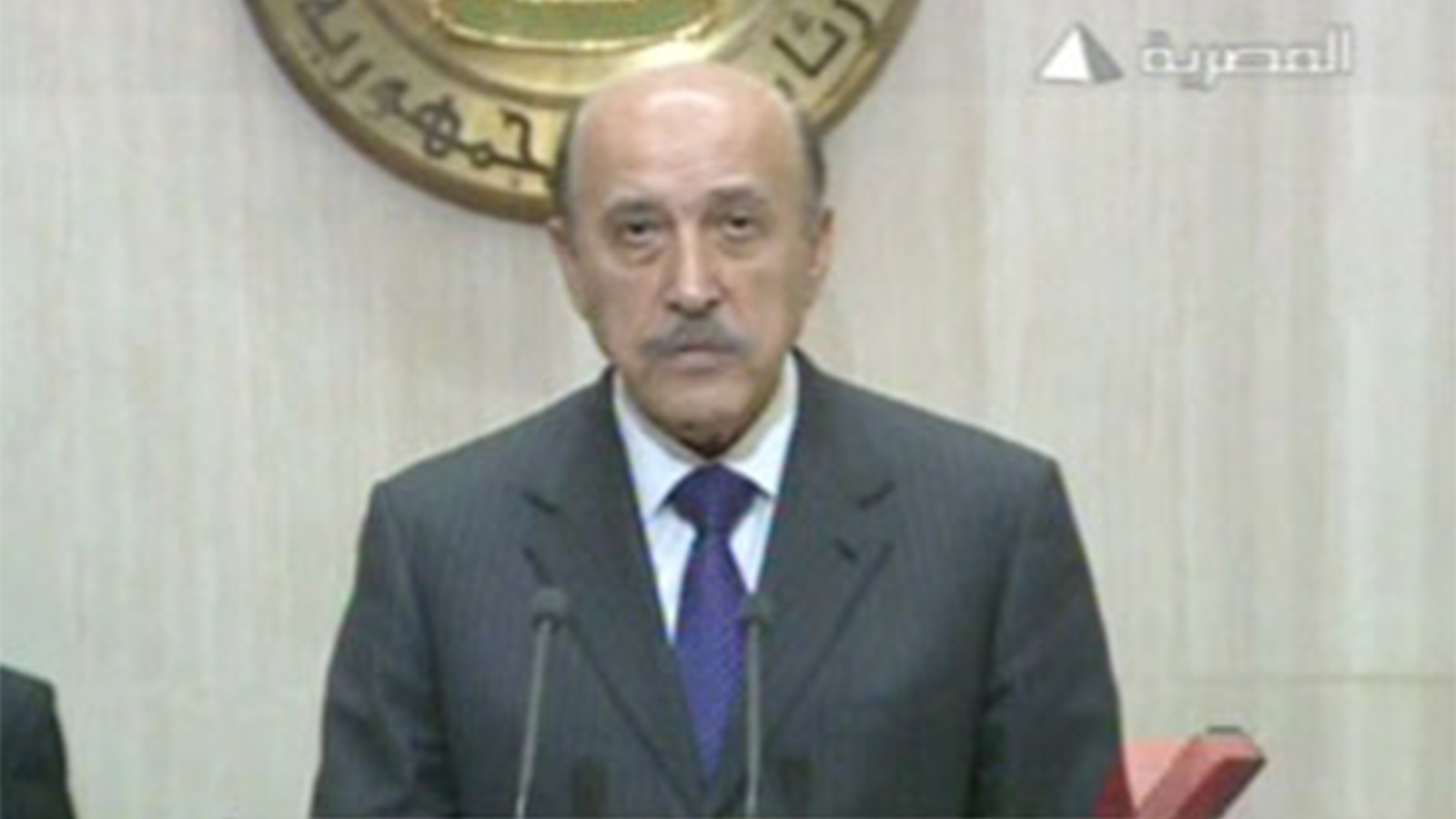 عمر سليمان أثناء إلقاء الخطاب الذي أعلن تنحي الرئيس الأسبق حسني مبارك عن السلطة (الجزيرة)