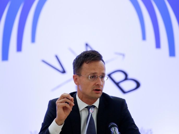Hungarian Foreign Minister Peter Szijjarto speaks at a joint news conference with his Greek counterpart Nikos Kotzias (not pictured) during the