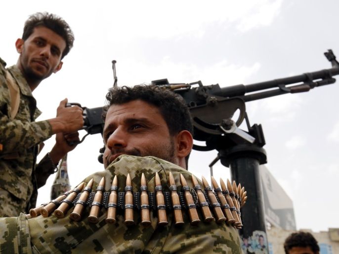 Houthi militiamen on a patrol during the funeral of a Houthi militiaman allegedly killed in ongoing fighting in the port city of Hodeidah, in Sana'a, Yemen, 21 June 2018.