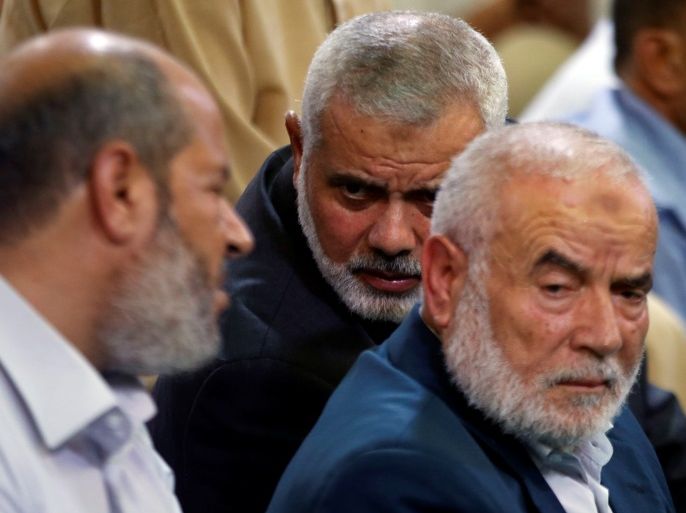 Hamas Chief Ismail Haniyeh looks on as he attends the funeral of Palestinian Hamas militants who were killed in Israeli tank fire, at a mosque in Gaza City July 26, 2018. REUTERS/Mohammed Salem