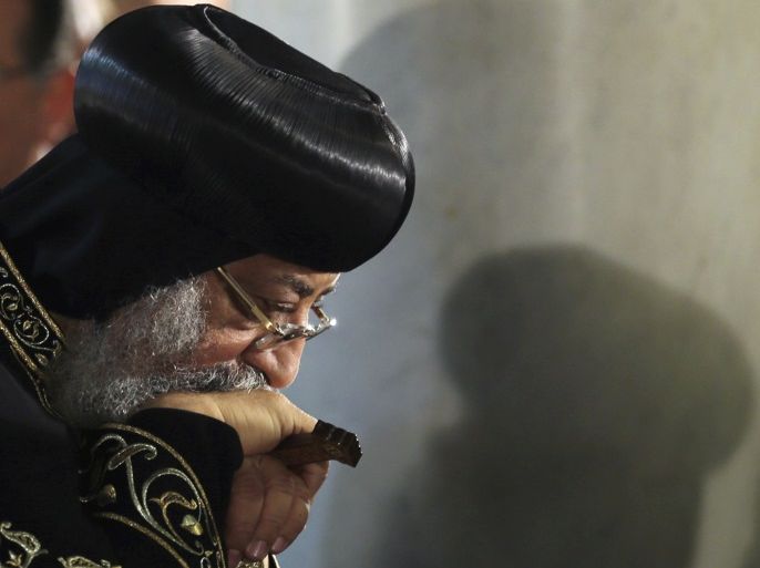 Egyptian Coptic Pope Tawadros II, head of the Egyptian Coptic Orthodox Church, leads a funeral mass for former U.N. Secretary-General Boutros Boutros-Ghali at the Saints Peter and Paul Coptic Orthodox church in Abassya district in Cairo, Egypt, February 18, 2016. Boutros-Ghali, a blunt-spoken Egyptian who led the world body through global turmoil as it defined its peacekeeping role and lost his job over disputes with Washington, died on Tuesday. He was 93. REUTERS//Mohamed Abd El Ghany