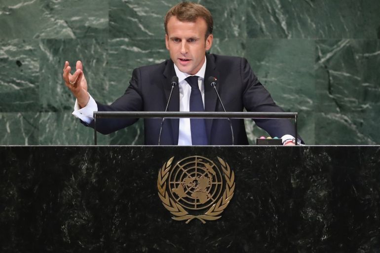 NEW YORK, NY - SEPTEMBER 25: President of France Emmanuel Macron addresses the United Nations General Assembly on September 25, 2018 in New York City. World leaders gathered for the 73rd annual meeting at the UN headquarters in Manhattan. John Moore/Getty Images/AFP== FOR NEWSPAPERS, INTERNET, TELCOS & TELEVISION USE ONLY ==