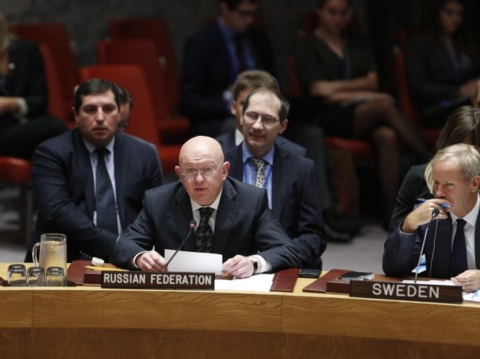 United Nations Security Council Meeting- - NEW YORK, USA - SEPTEMBER 11: Russian Ambassador to the United Nations Vasily Nebenzya, speaks during a UN Security Council meeting on the situation in Middle East and Idlib, Syria at the United Nations Headquarters in New York, United States on September 11, 2018.