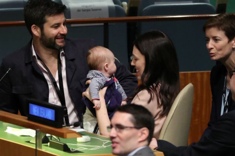 New Zealand Prime Minister Jacinda Ardern holds her baby before speaking at the Nelson Mandela Peace Summit during the 73rd United Nations General Assembly in New York, U.S., September 24, 2018. REUTERS/Carlo Allegri