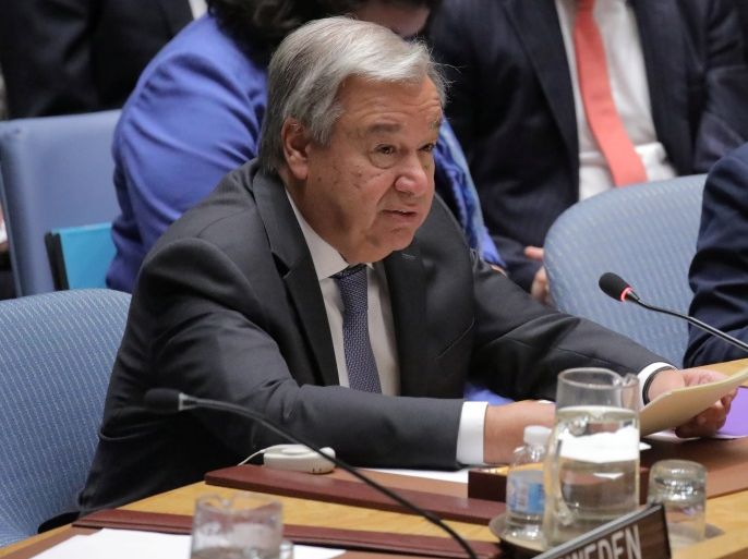 Secretary General of the United Nations Antonio Guterres addresses the United Nations Security Council on