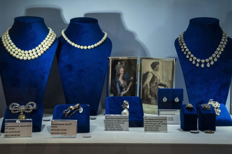NEW YORK, NY - OCTOBER 12: Jewelry worn by French Queen Marie Antoinette is displayed at Sotheby's auction house, October 12, 2018 in New York City. The collection of aristocratic jewels, belonging to the Bourbon-Parma family, is set to hit the auction block on November 14. Drew Angerer/Getty Images/AFP== FOR NEWSPAPERS, INTERNET, TELCOS & TELEVISION USE ONLY ==