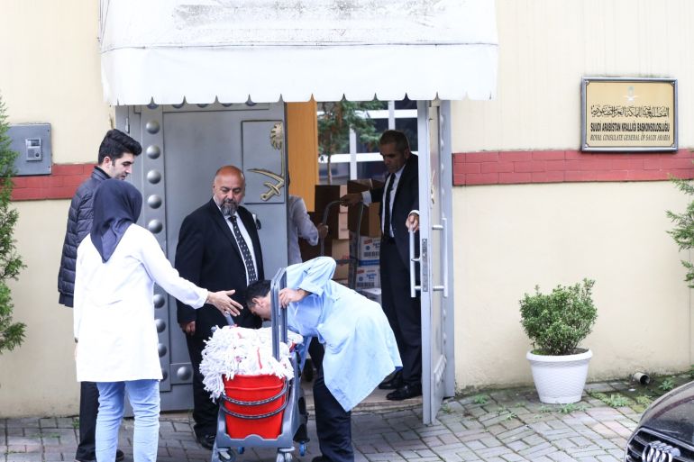 Disappearance of Prominent Saudi journalist Jamal Khashoggi- - ISTANBUL, TURKEY - OCTOBER 15: Cleaning supplies are being brought to the Saudi consulate as the waiting continues on the disappearance of Prominent Saudi journalist Jamal Khashoggi in the Consulate General of Saudi Arabia in Istanbul, Turkey on October 15, 2018. Khashoggi, a journalist and columnist for The Washington Post, has been missing since he entered the Saudi consulate in Istanbul on Oct. 2.