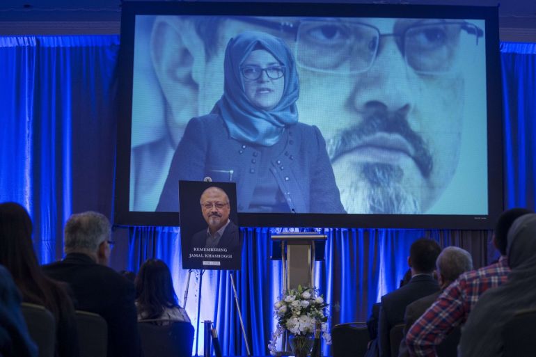 WASHINGTON, DC - NOVEMBER 02: A video recording of a speech by Hatice Cengiz, fiance of Jamal Khashoggiis played during a memorial service for Saudi Journalist Jamal Khashoggi at the Mayflower Hotel on November 2, 2018 in Washington, DC. Khashoggi, a U.S. resident and critic of the Saudi regime, was killed after entering the Saudi Arabian consulate in Istanbul on October 2. Zach Gibson/Getty Images/AFP== FOR NEWSPAPERS, INTERNET, TELCOS & TELEVISION USE ONLY ==
