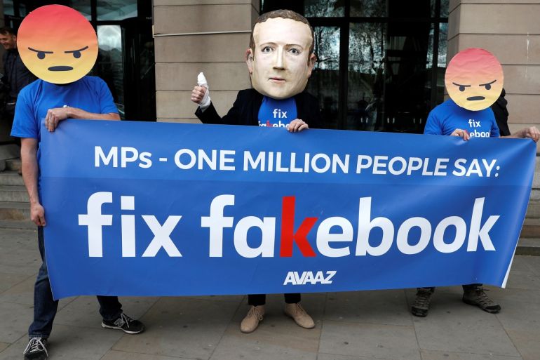 Protesters from the pressure group Avaaz demonstrate against Facebook outside Portcullis House in Westminster, London, Britain, April 26, 2018. REUTERS/Peter Nicholls