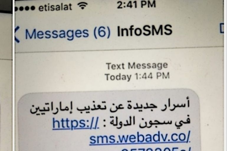 SMS text messages received by UAE activist Ahmed Mansoor (English: “New secrets about torture of Emiratis in state prisons”). The sender’s phone numbers are spoofed. [Photo: Mansoor / Citizen Lab]