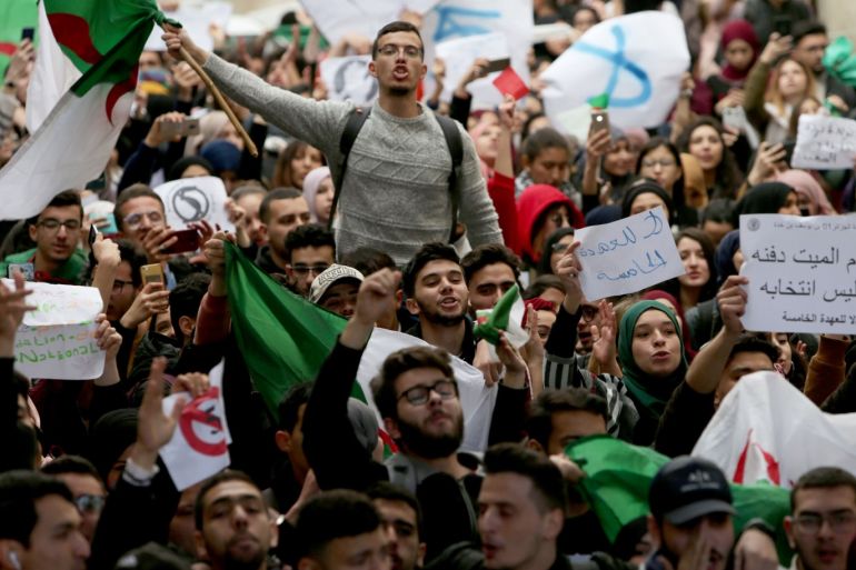 Algerian students protest against the fifth term of Abdelaziz Bouteflika- - ALGIERS, ALGERIA - FEBRUARY 26: Algerian students gather to protest against the fifth term of Abdelaziz Bouteflika at the University of Algiers in Algiers, Algeria, on February 26, 2019. 81-year-old Abdelaziz Bouteflika, serving as the president since 1999, has announced on 19 February he will be running for a fifth term in presidential elections scheduled for 18 April 2019.