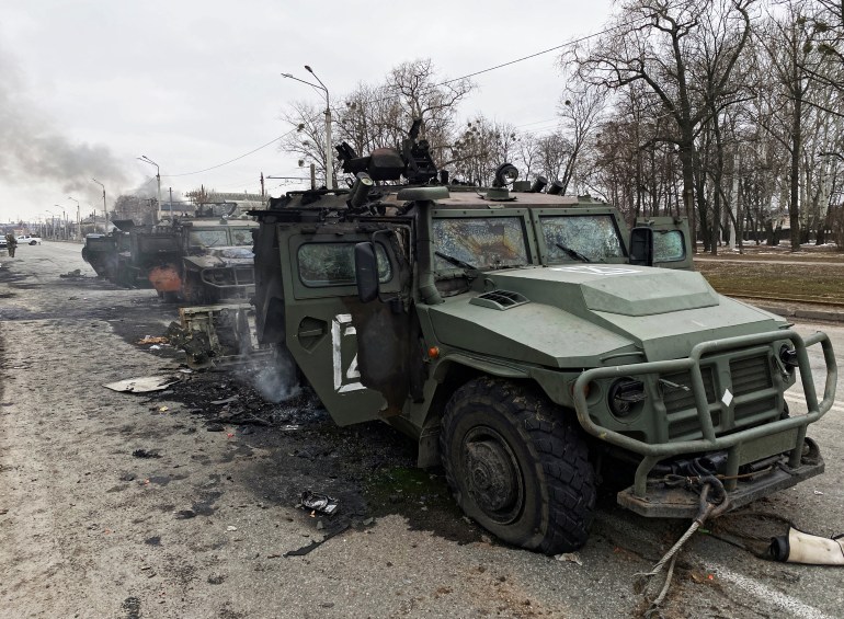 A view shows destroyed Russian Army all-terrain infantry mobility vehicles Tigr-M (Tiger) on a road in Kharkiv, Ukraine February 28, 2022. REUTERS/Vitaliy Gnidyi