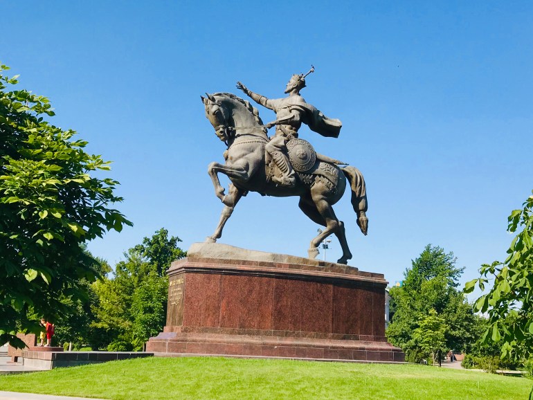 Tashkent, Uzbekistan - June 16, 2019: Monument to Amir Timur, 14th Century Turko-Mongol military leader ...