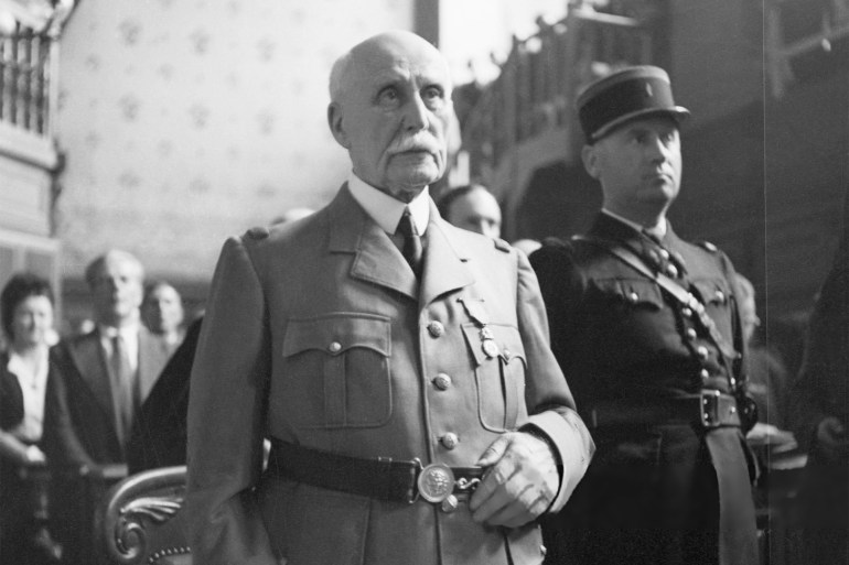 (Original Caption) 7/30/1945-Paris, France- Here is a new study of Marshal Henri Philippe Petain as he appeared in court to face charges of collaboration with the Nazis and sabotage of French democracy. The trial went into its second week today with most of France predict