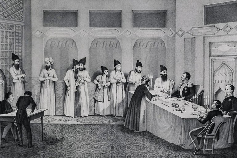Signing of the Treaty of Turkmenchay, 1828. Found in the collection of State Hermitage, St. Petersburg. Artist : Beggrov, Karl Petrovich (1799-1875). (Photo by Fine Art Images/Heritage Images/Getty Images)