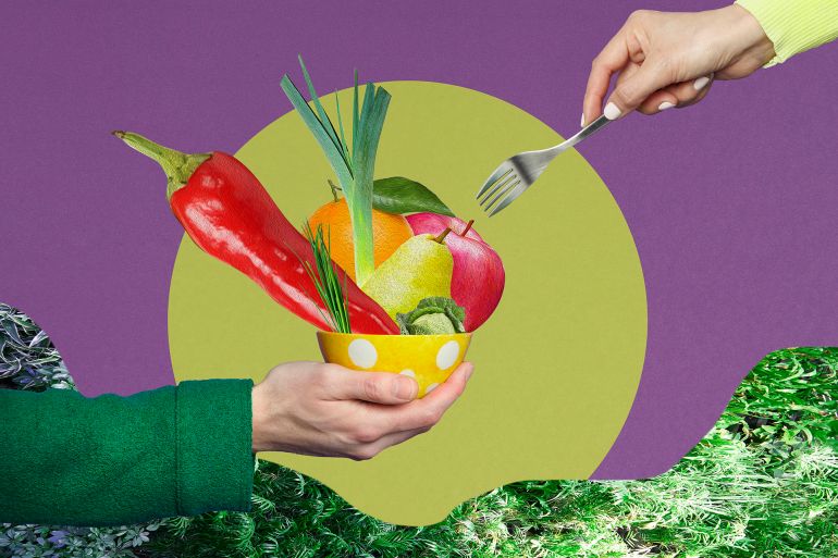 collage of hands eating fruit and vegetables