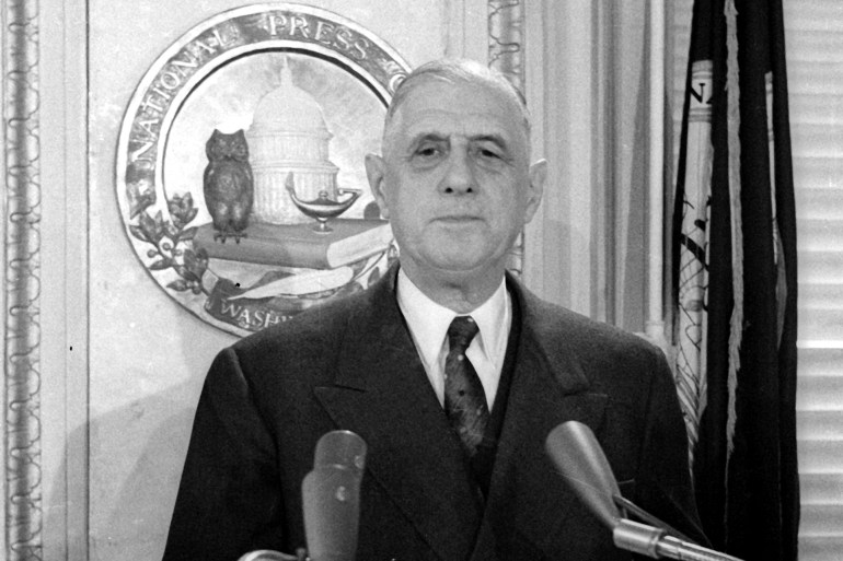 French President Charles de Gaulle (1890 - 1970) speaks at the National Press Club, Washington DC, April 23, 1960. (Photo by Benjamin E. 'Gene' Forte/CNP/Getty Images)