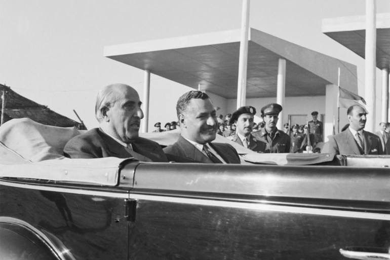 President Shukri al-Quwatli of Syria (1891 - 1967, left) with President Gamal Abdel Nasser of Egypt (1918 - 1970) during talks on the formation of the United Arab Republic, circa 1958. (Photo by Archive Photos/Getty Images)