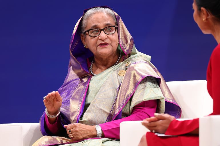 Sheikh Hasina, Bangladesh's prime minister, speaks during a session on day two of the Qatar Economic Forum (QEF) in Doha, Qatar, on Wednesday, May 24, 2023. The third Qatar Economic Forum will shine a light on the rising south-to-south economy and the new growth opportunities it presents to the global business community. Photographer: Christopher Pike/Bloomberg via Getty Images