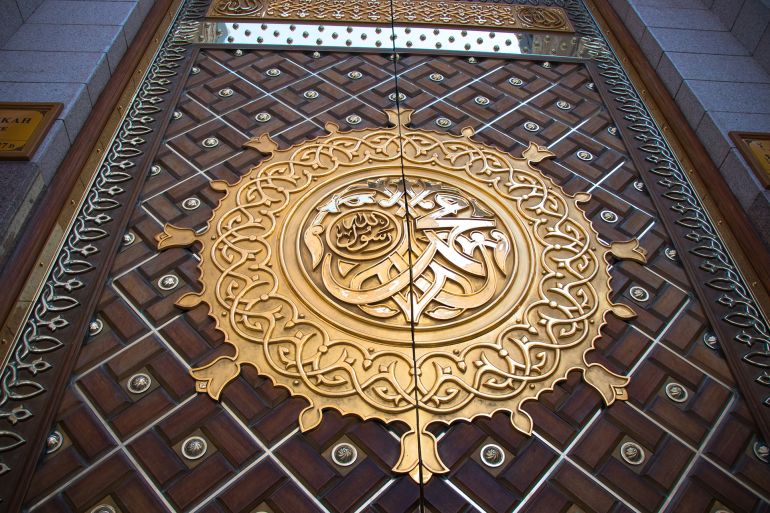 Muhammad Rasulullah. Prophet Muhammad's name written on the door of the mosque Nabawi in Medina, Saudi Arabia; Shutterstock ID 1195903096; purchase_order: AJA; job: ; client: ; other: