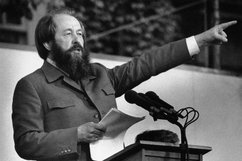 Aleksandr I. Solzhenitsyn gestures during his speech at Harvard University commencement ceremonies in Cambridge on June 9, 1978. It was his first major appearance in the United States. (AP Photo)