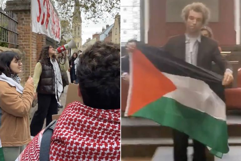 طالب وهو يرفع علم فلسطين أمام بيلوسي احتجاج خارج القاعة
