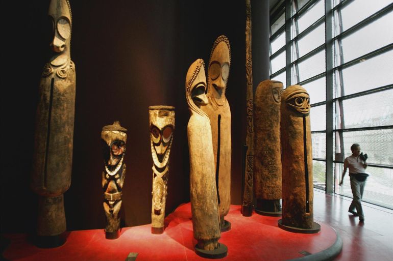 Tribal art sculptures at Quai Branly Museum, Paris, France, photo