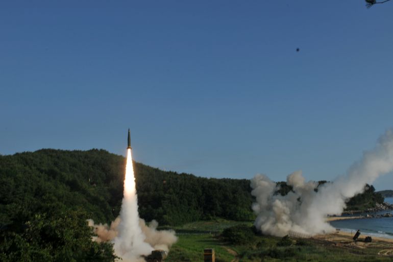 United States and South Korean troops utilizing the Army Tactical Missile System (ATACMS) and South Korea's Hyunmoo Missile II, fire missiles into the waters of the East Sea, off South Korea, July 5, 2017. 8th United States Army/Handout via REUTERS ATTENTION EDITORS - THIS IMAGE WAS PROVIDED BY A THIRD PARTY