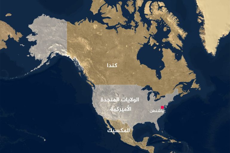 خريطة للولايات المتحدة الأميركية يظهر عليها مايلي: كندا واشنطن المكسيك