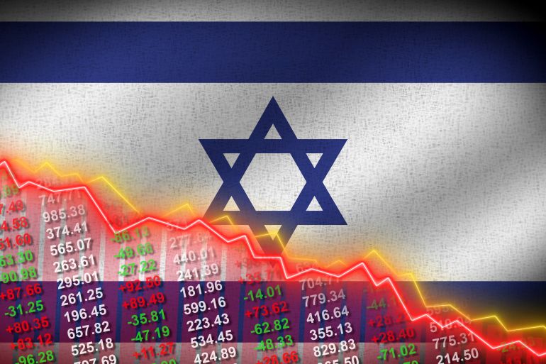 Israel Realistic Flag – Stock Market Numbers and Zigzag Down Arrow