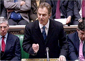 Britain's Prime Minister Tony Blair makes a statement on Iraq in the House of Commons in London, February 25, 2003. Blair dismissed on Tuesday a Franco-German plan for peaceful disarmament of Iraq, saying it was "absurd" to think U.N. inspectors could find lethal weapons without Baghdad's full cooperation. NO ARCHIVE EDITORIAL USE ONLY REUTERS/PARBUL