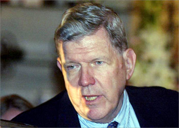 James Kelly, the United States Assistant Secretary of State for East Asian and Pacific Affairs, answers questions on arrival at a hotel in Beijing for multilateral talks aimed at resolving the North Korean nuclear stand-off, 25 August 2003. The three-day talks open in Beijing 27 August and will include the United States, Japan, Russia, China and the two Koreas.