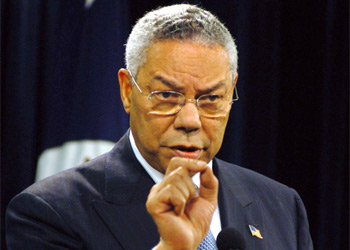 f: US Secretary of State Colin Powell gives a briefing at the State Department 03 September 2003 in Washington, DC. The US will present a draft resolution to UN Security Council members 03 and 04 September, which will call for a political timetable and multinational force for Iraq, Secretary of State Colin Powel said. Powell gave qualified support to the idea of Iraqis taking a bigger role in their country's internal security, which gained momentum last week after a Shiite leader died in a car bomb blast.
