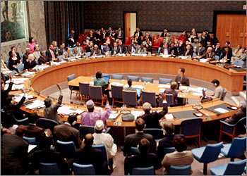 The Security Council votes to lift sanctions against Libya, at the U.N. in New York, September 12, 2003. The council voted 13-0 to end the embargoes imposed on Libya after the 1988 mid-air attack on Pan Am flight 103 over Lockerbie, Scotland. The United States and France abstained in the vote. REUTERS/Chip East