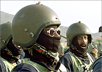 (FILES) -- This file picture dated 12 March 2000 shows Saudi sappers from the Hajj special forces parading during a ceremony attended by Saudi Interior Minister Prince Nayef bin Abdul Aziz in the Muslim holy city of Mecca. Saudi security forces shot dead two militants in a clash in Mecca 03 November 2003, the interior ministry said. But a London-based opposition figure told AFP that the casualties among militants and security forces were a lot higher. Saudi authorities surrounded the suspects, at which point the militants opened fire with machine-guns and hand grenades, and security sources responded, the official added. AFP PHOTO/Marwan NAAMANI
