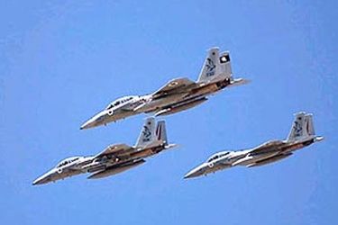 f: A handout picture taken from the Israeli Defence Forces website dated August 2003 shows Israeli airforce F15 jets flying over the mediterranean. Israeli warplanes raided targets in south Lebanon