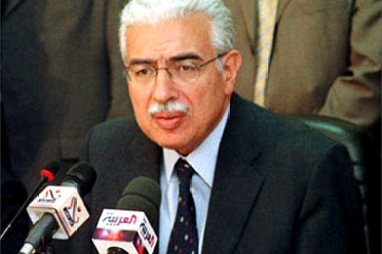 Newly-appointed Egyptian Prime Minister Ahmed Nazif, 53, addresses journalists during a press conference at his office in Cairo 10 July 2004. President Hosni Mubarak asked Nazif, until now the communications minister, to form a new government after the much-anticipated resignation of Atef Ebeid, 72, who had served since 1999. Nazif becomes the seventh prime minister in Egypt since Mubarak succeeded to the presidency in 1981 after the assassination of Anwar Sadat.
