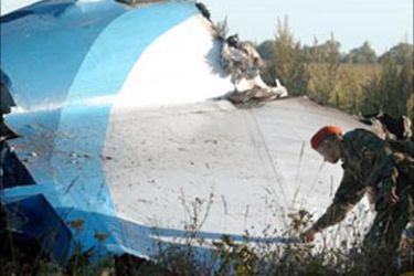 Russian Emergencies ministry serviceman inspects the wreckage of Russian Tupolev Tu-134 plane near Tula, some 150 km (93 miles) from Moscow, August 25, 2004. Rescuers have found flight recorders from two planes that crashed almost simultaneously in different Russian regions late on Tuesday, raising fears of a terrorist strike, the Emergency Ministry said. The planes had more than 80 people on board and no survivors have been found. REUTERS/Sergei Karpukhin