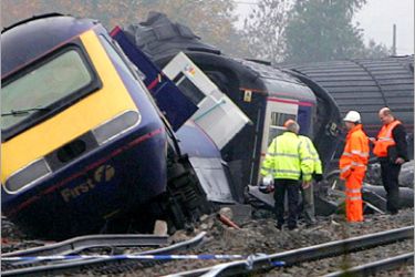 REUTERS - A British high-speed passenger train is seen on November 7, 2004 after ploughing into a car at a level crossing and flying