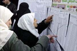 Palestinian women check the voting lists outside a polling station before casting their votes in the first Palestinian municipal elections since 1976 in the West Bank town of Abu Dis,