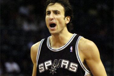 San Antonio Spurs guard Manu Ginobili reacts to a call late in the game against the Charlotte Bobcats, February 8, 2005 in Charlotte, North Carolina. The Spurs defeated the expansion Bobcats, 104-85.