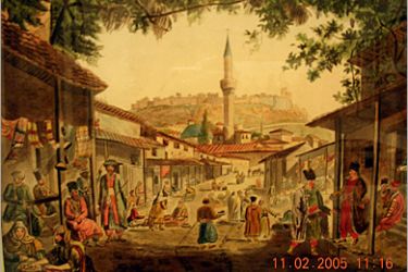 رسم يبين مدينة أثينا في القرن التاسع عشر كما عرضه معرض بيناكي ويظهر في الرسم مسجد يتوسط المدينة