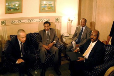 afp/Egyptian Foreign Minster Ahmad Aboul Gheit (L) meets 18 April 2005 with his counterparts Mustafa Osman Ismail (C) of Sudan and Meles Zenawi of Ethiopia in the Egyptian Red Sea resort of Sharm el-Sheikh prior to the New Partnership for Africas Development (NEPAD) summit hosted by Egypt. AFP