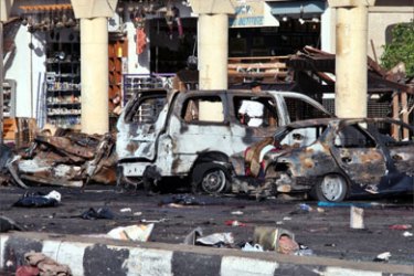 The site of a bomb blast at a market place in the Red Sea resort of Sharm el-Sheikh, July 23, 2005. Fifty people died and 200 were wounded when car bombs ripped through a bazaar and tourist hotels in the Red Sea resort of Sharm el-Sheikh on Saturday in Egypt's worst attack in nearly a decade. REUTERS/Aladin Abdel Naby