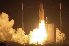 r: Ariane 5 G carrying the Tahicom 4 - iPSTAR satellite blasts off from Kourou Space Center in French Guiana on the equatorial northeast coast of South America,