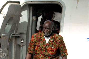AFP (FILES) Picture taken 08 July 2005 shows former southern Sudanese rebel leader John Garang, steping out of an airplane upon his arrival in Khartoum. Garang has died in an