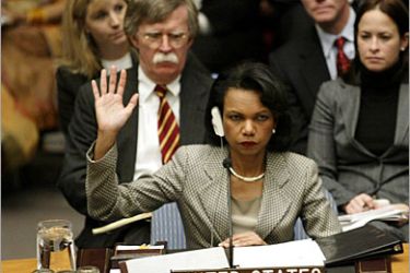 REUTERS/ U.S. Secretary of State Condoleezza Rice votes in favor of a U.N. Security Council resolution in New York October 31, 2005. The U.N. Security council voted unanimously on