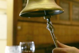 A bell, used to notify pub customers of the time so that they can order the last of their alcoholic drinks, is seen in a London pub, 23 November 2005. England and Wales' controversial new Licensing Act 2003, which sweeps away the traditional 11:00 pm pub closing time -- a hangover from World War I -- allows pubs granted an extended licence to carry on serving, some even around the clock. Licences will be granted from 24 November 2005. AFP PHOTO/CARL DE SOUZA